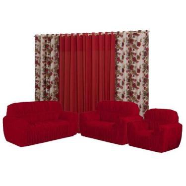 Imagem de Kit Capa para sofá 3, 2 E 1 lugares Elasticada + cortina modelo Florat