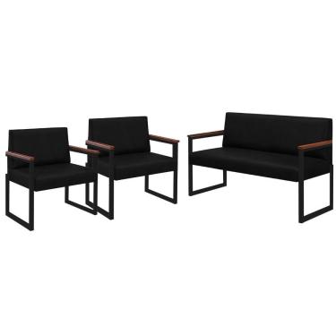 Imagem de Conjunto Sofá 2 Lugares E 2 Poltronas Niterói Couro Preto Em Metal Preto