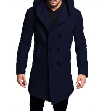 Imagem de Misturas De Lã Masculinas Quentes Casuais Casaco Com Capuz Bainha Assimétrica Treh Estilo Britânico Fino Sobretudos Sólidos, Navy Blue, S