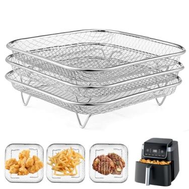 Imagem de Rack quadrado para fritadeira a ar de 21 cm, 3 peças empilháveis de aço inoxidável, acessórios quadrados para fritadeira Cosori, Ninja Foodi (serve apenas para fritadeira a ar com tamanho interno > 22