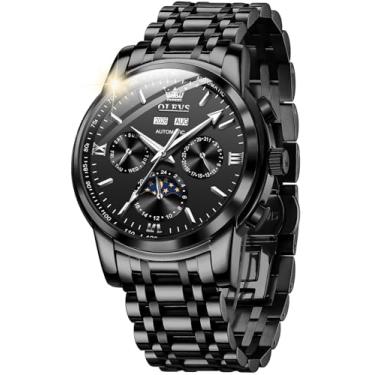 Imagem de OLEVS Relógio de pulso masculino automático esqueleto mecânico com corda automática, luxuoso, moderno, luminoso, à prova d'água, 6633: pulseira preta e mostrador preto, Japonês