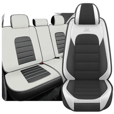 Imagem de KNCY Adequado para 98% das capas de assento de carro Kia, capa de assento de carro à prova d'água de couro sintético surround completo (cinza e branco, conjunto completo)