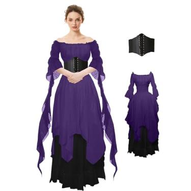 Imagem de BITSEACOCO Vestido feminino de fada renascentista em camadas, fantasia irlandesa vitoriana, Halloween, cosplay, vestidos de pirata góticos medievais, Roxo + preto, XX-Large
