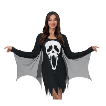 Imagem de For G and PL Vestido feminino de Halloween com bainha em ziguezague assustador asa de morcego manga longa gola redonda com capuz vestido preto fantasma fase M
