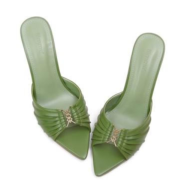 Imagem de iiimmu Sandálias de salto alto stiletto mules de 8,5 cm com bico fino e salto alto de couro sintético, Verde, 38