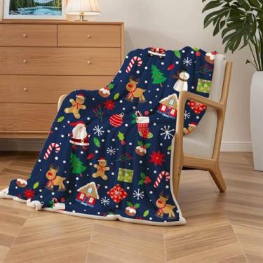 Imagem de Cobertor de Natal Papai Noel para crianças, cobertor de flanela de Natal azul, macio, flanela, quente, cobertores fofos de lã de gengibre de Natal para todas as estações para sofá-cama 127 x 152 cm