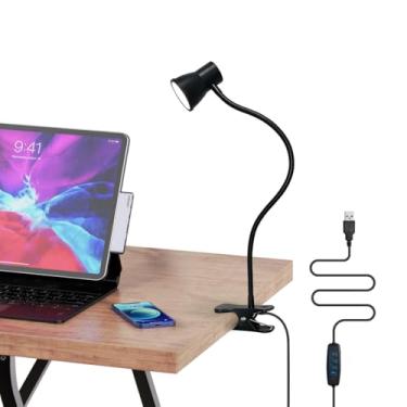 Imagem de LUJOLUMIN Luminária de mesa com clipe, luz de leitura USB, braçadeira de LED de pescoço flexível com 3 opções de temperatura de cor, 10 níveis de brilho reguláveis para trabalhar, estudar (8W)