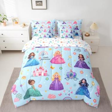 Imagem de jejeloiu Jogo de cama casal de 7 peças, princesa, castelo, edredom com lençóis, fronhas e capa de almofada para adultos, cama sonhadora de fada em um saco, arco-íris, flor, azul, todas as estações