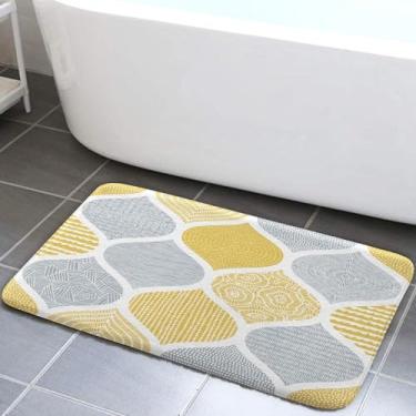 Imagem de JAWO Tapete de banho Paisley amarelo e cinza para banheiro, boêmio chique moderno padrão geométrico tapetes cinza antiderrapante banheiro decoração abstrata acessórios 40,6 x 61 centímetros cozinha