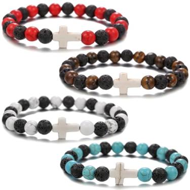 Imagem de HYHONEY Pulseira com contas cruzadas para mulheres e homens, pedra vulcânica, turquesa, olho de tigre, pulseira natural, cura da ansiedade, One Size, Pedra, Pedra