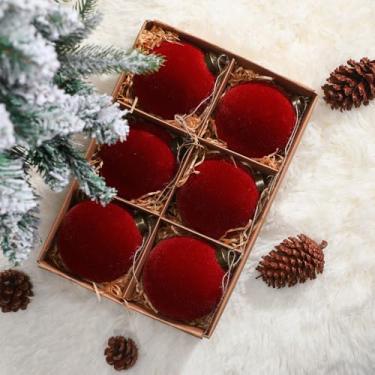 Imagem de Halloscume 6 peças enfeite de bola de árvore de Natal de veludo flocado de veludo de vidro enfeite de pendurar de Natal grande decoração de feltro flocado para guirlanda de árvore de Natal, guirlanda