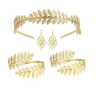 Imagem de Conjunto de 4 peças de acessórios de fantasia de deusa grega folha de louro romano Toga coroa faixa de cabeça braço punho braçadeira pulseira brincos casamento nupcial