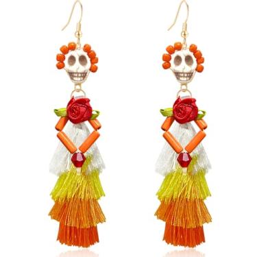 Imagem de JNONL Brincos de pingente de flor de esqueleto exclusivos feitos à mão com pingente de cristal brilhante e pingente de caveira para mulheres, Large, Metal, Sem pedra preciosa