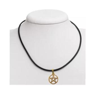 Imagem de Colar Pentagrama Prateado Couro Sintético Pingente 25X20 Mm