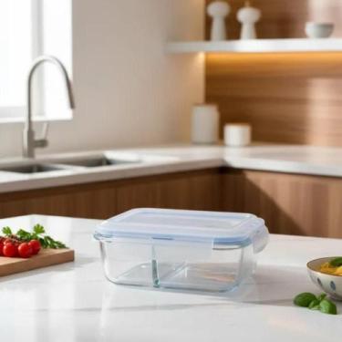Imagem de Pote Retangular Hermético Vidro Divisória Marmita Microondas Fitness M