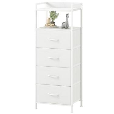 Imagem de Somdot Mesa de cabeceira branca com 4 gavetas, cômoda de tecido de torre de armazenamento vertical para quarto, mesa de cabeceira, moldura de aço resistente, tampo de madeira e caixas de tecido fáceis