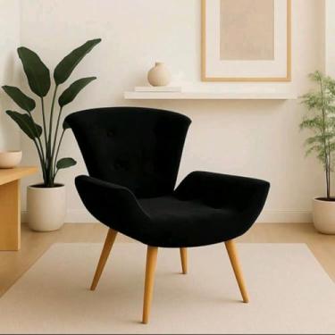Imagem de Poltrona Decorativa Aveludada Canoa Luxo Confortável Pés Madeira Sala e Escritório (Preto)