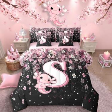 Imagem de Erosebridal Jogo de cama de flor de cerejeira japonesa (tamanho queen, 7 peças) lindo conjunto de edredom com axolote com inicial de axolote rosa e lençol com estampa de letra S, monograma, enchimento