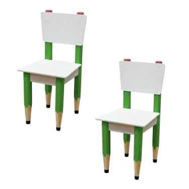 Imagem de Kit 2 Cadeiras Cadeira Infantil Lápis Verde Assento E Encosto Brancos Para Estudos E Desenhos Mobília Decor