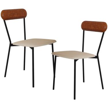 Imagem de Kit 02 Cadeiras Estofada Para Sala de Jantar Liora Preto C01 Linho Areia Courino Caramelo - Lyam Decor