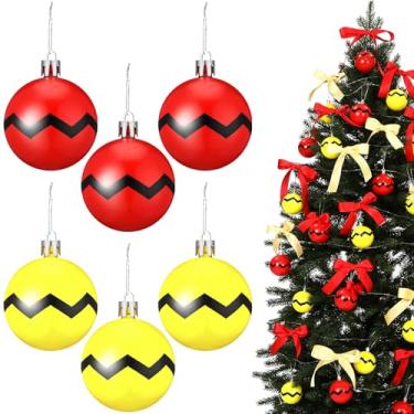 Imagem de Roowest 24 peças de enfeites de Natal de desenhos animados 2025 com bolas de plástico vermelhas e amarelas para pendurar em árvores de Natal, presentes artesanais
