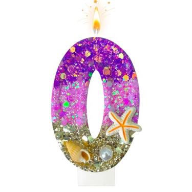 Imagem de Velas de aniversário, número 0 de praia, decoradas com conchas e pérolas para topo de bolo, adequadas para decorações de bolo de sereia, decoração de aniversário com tema de oceano (0 vela)