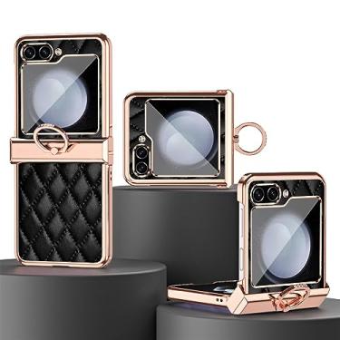 Imagem de Capa de telefone de couro PU com anel galvanizado para Samsung Galaxy Z Flip 5 4 3 Flip5 Flip4 Flip3 5G Capa com suporte, preta, para Galaxy Z Flip3