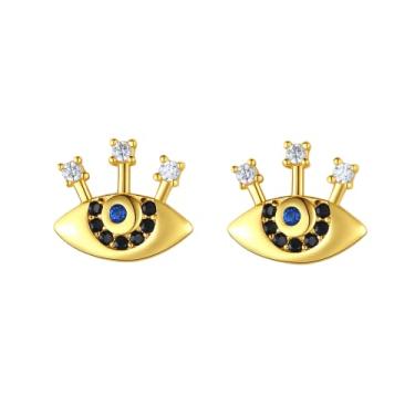 Imagem de Efashion Brincos de prata esterlina 925 banhados a ouro 14K com personalidade fashion com olhos de pedras preciosas coloridas, Small, Ouro amarelo, Zircônia