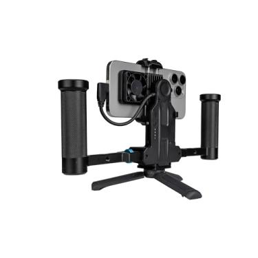 Imagem de Equipamento de vídeo para smartphone de nível profissional, com um hub de armazenamento externo, ventilador de resfriamento, módulo de expansão de bateria e inúmeras portas de expansão USB-C/1/4"