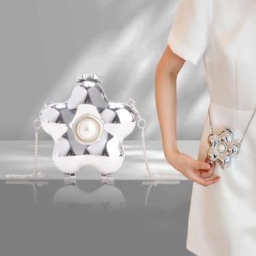 Imagem de Mini bolsa de noite feminina brilhante estruturada com alça de corrente, bolsa de ombro moderna com laço estrela para casamento, Prata - S