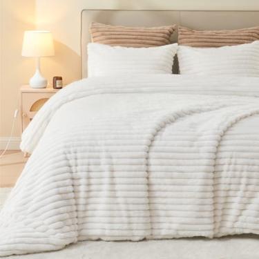 Imagem de EMME Capa de edredom de pele sintética, tamanho solteiro, 2 peças, capa de edredom ultramacia e fofa, aconchegante para o inverno, roupa de cama luxuosa e elegante com design listrado, 1 capa de