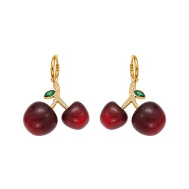 Imagem de Kokoma Brincos de argola elegantes com pingente de cereja para mulheres, zircônia cúbica, resina vermelha, frutas com folhas de zircão verde, argolas de pressão, joias modernas, Medium, Metal, Sem