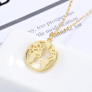 Imagem de Colar com mapa do mundo para homens e mulheres, pingente de globo de aço inoxidável, hipoalergênico, redondo, recortado, corrente de moedas, joias modernas, presente de viagem, 45CM, Aço inoxidável