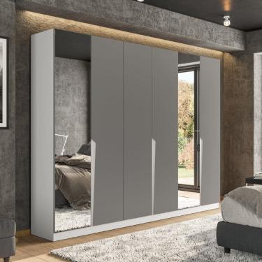 Imagem de Guarda Roupa Roupeiro 6 Portas 4 Gavetas com Espelho Porto Branco Cinza Politorno Móveis