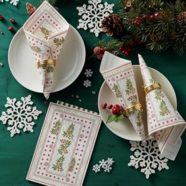 Imagem de Conjunto de guardanapos de Natal 100 mesa de papel descartável verde vermelho, 100 guardanapos de hóspedes de árvore de visco, papel descartável de 40,6 x 30,5 cm elegantes toalhas de mão de jantar de