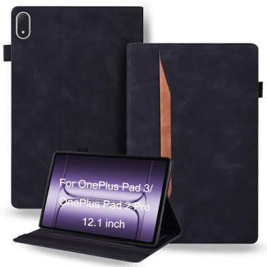 Imagem de DWaybox Capa à prova de choque para OnePlus Pad 3/OnePlus Pad 2 Pro 33.5 cm lançado em 2025 - couro PU retrô + capa protetora híbrida TPU com alça antiderrapante e compartimentos para cartões - preta