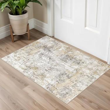Imagem de Tapete antiderrapante lavável 5 x 7 cm - Tapete macio de baixa pilha para entrada de cozinha, quarto - Tapete de porta interno moderno com suporte de borracha (cinza dourado)