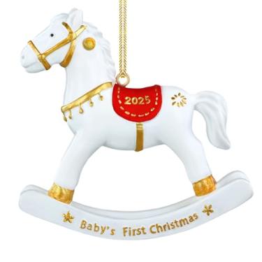 Imagem de FLYAB Ornamento para pendurar cavalo de balanço branco de resina 2025 para meninas, enfeites de Natal do bebê, para árvore de Natal, janelas, carro, decoração de festa de aniversário, presentes para