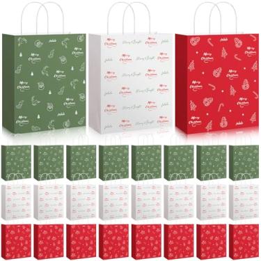 Imagem de Yexiya 24 sacos de papel vintage para presente de Natal Kraft com alças 26 cm x 31 cm x 13 cm sacos de papel retrô grandes para decoração de Natal suprimentos embrulhos de festa de Natal (clássico)