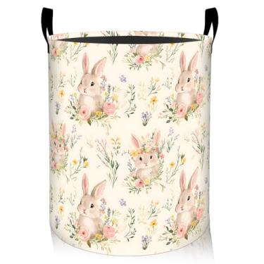 Imagem de ainori Cesta de roupa suja floral de coelho, pano Oxford, romântico, roupa suja, cesto dobrável para decoração de quarto, presente com estampa de coelho e flor, organizador de brinquedos 40 x 40 cm