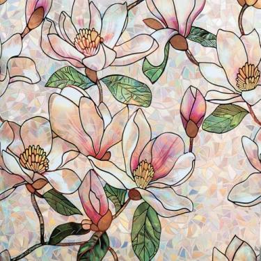 Imagem de Adesivo de proteção floral para janela de vitral de flor de magnólia, película de porta de vidro colorido arco-íris com bloqueio solar, decalque para casa, 44,5 x 398,8 cm.