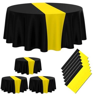 Imagem de Remagr 6 peças de toalha de mesa redonda de plástico descartável de 203 cm para decoração de Natal, casamento, aniversário, aposentadoria (preta, amarela)