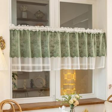 Imagem de HiSnug Cortinas de saia de camada dupla de 45,72 cm de comprimento, bolso duplo com filtro de luz, cortinas de janela com bordado para café, cozinha, banheiro, sala de estar, verde, 1 painel, 139,7 cm