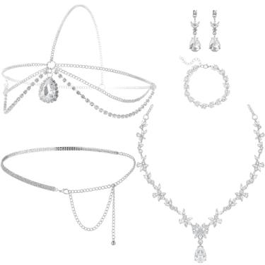 Imagem de Hinly Conjunto de 5 peças de joias de casamento lindo para mulheres, corrente de cabeça de strass, colar de prata, brincos, pulseira, cinto, cristal, conjuntos de joias de casamento para mulheres