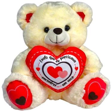 Imagem de Urso De Pelúcia Com Coração Eu Te Amo Creme 30cm Com Laço - Fizzy