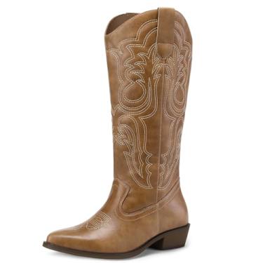 Imagem de mysoft Botas femininas caubói cano médio vaqueira bordada, bico fino, salto grosso, sem cadarço, cano alto, Bordado marrom, 38 BR