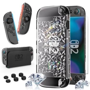 Imagem de HEYSTOP Capa Protetora Switch 2 com Controle Grip Capa Transparente Diamond Switch 2 com Protetor de Tela de Vidro Temperado e Capas para Controles Analógicos