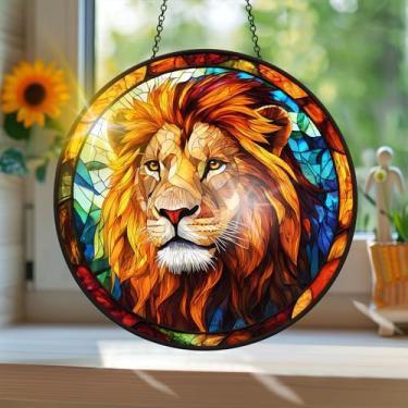 Imagem de Apanhador solar de acrílico colorido, estilo vitral com estampa de leão animal com reflexos de arco-íris, arte de parede para decoração de janela suspensa, ornamentos de Natal para uso interno e
