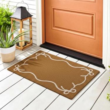 Imagem de Tinideya Tapete de porta de coco natural com laço branco 43 x 76 cm capacho de fibra de coco com suporte resistente tapete de porta da frente antiderrapante para entrada externa, tapetes de entrada
