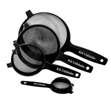 Imagem de Kit Peneiras Cozinhas Coador, 4 tamanhos, Pequeno Médio Grande Extra Grande Trama Malha Resistente Reforçada - RJI Utilidades (Preto)